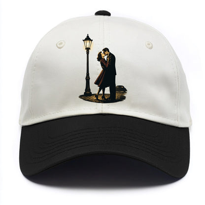 first kiss under vintage street lamp on cobblestone at night - Two Tone Cap - Black