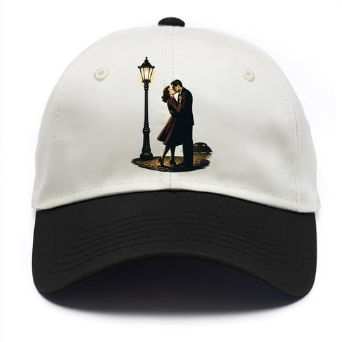 first kiss under vintage street lamp on cobblestone at night - Two Tone Cap