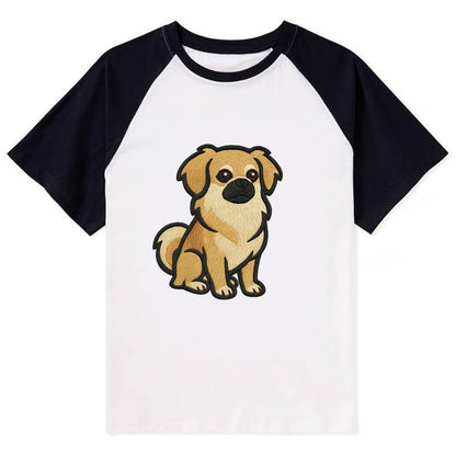 Tibetan Spaniel - Fawn small dog embroidered design - Contrast Raglan T-shirt - Black