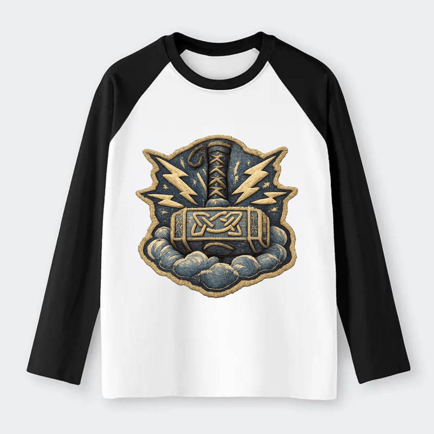 THOR HAMMER MJOLNIR - mighty hammer in silver and blue , thunder god - Raglan Long Sleeve T-Shirt - Black