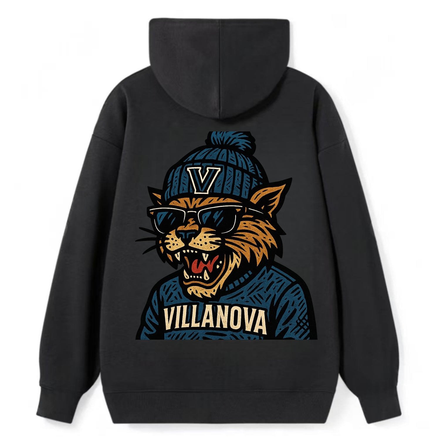 Villanova Wildcat wearing Villanova beanie with V patch - Classic Pullover Hoodie - Black
