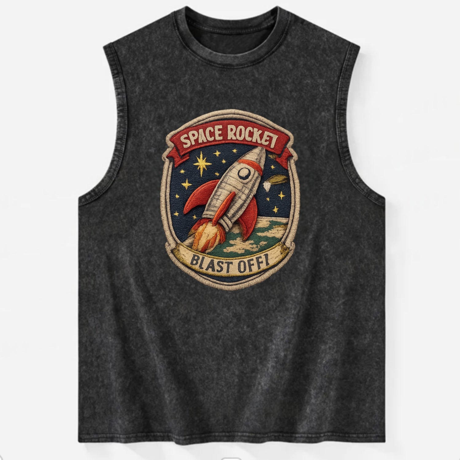 RETRO ROCKET - 1950s space rocket in silver and red , atomic age - Vintage Washed Tank - Black