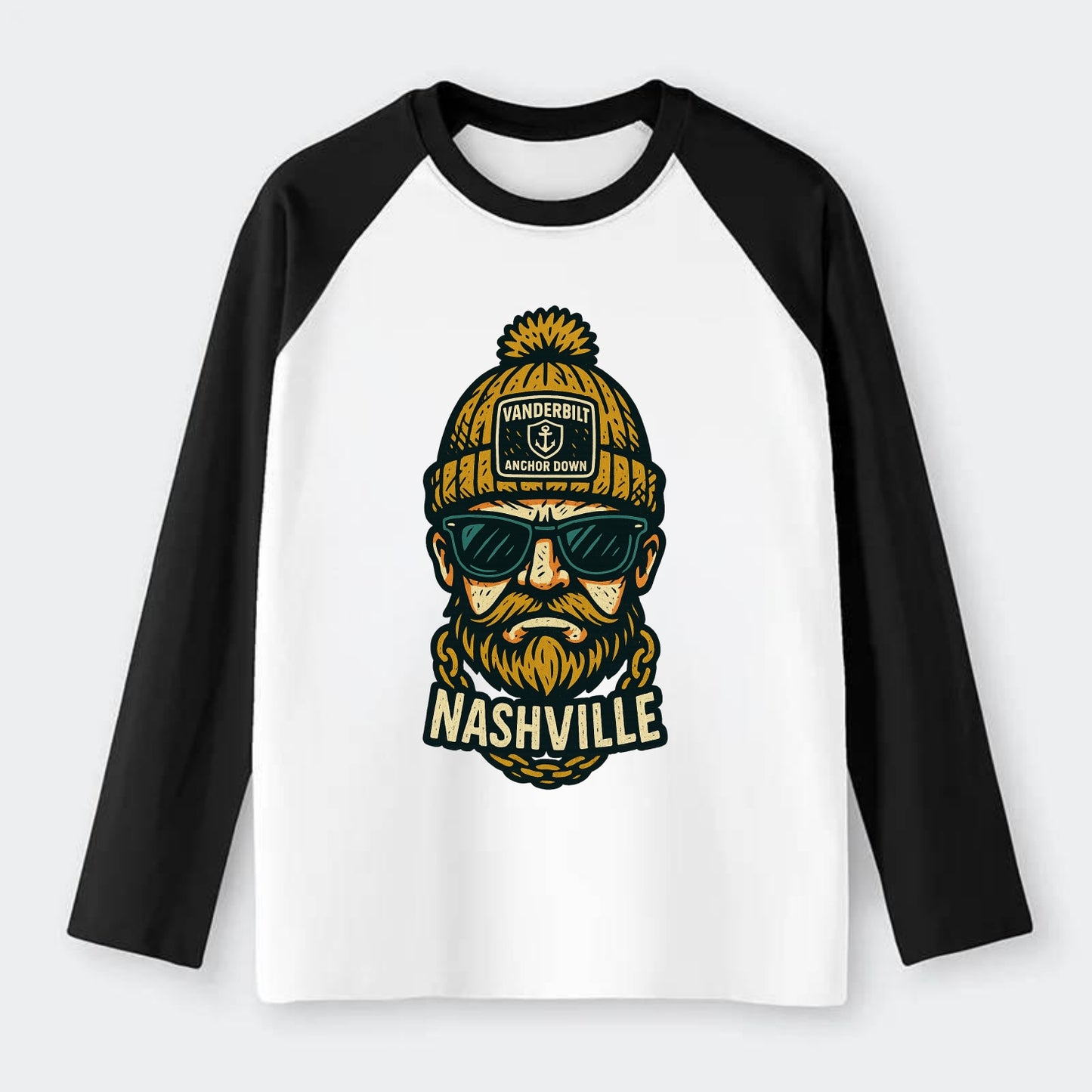 Nashville Commodore wearing Vanderbilt beanie with anchor patch - Raglan Long Sleeve T-Shirt - Black