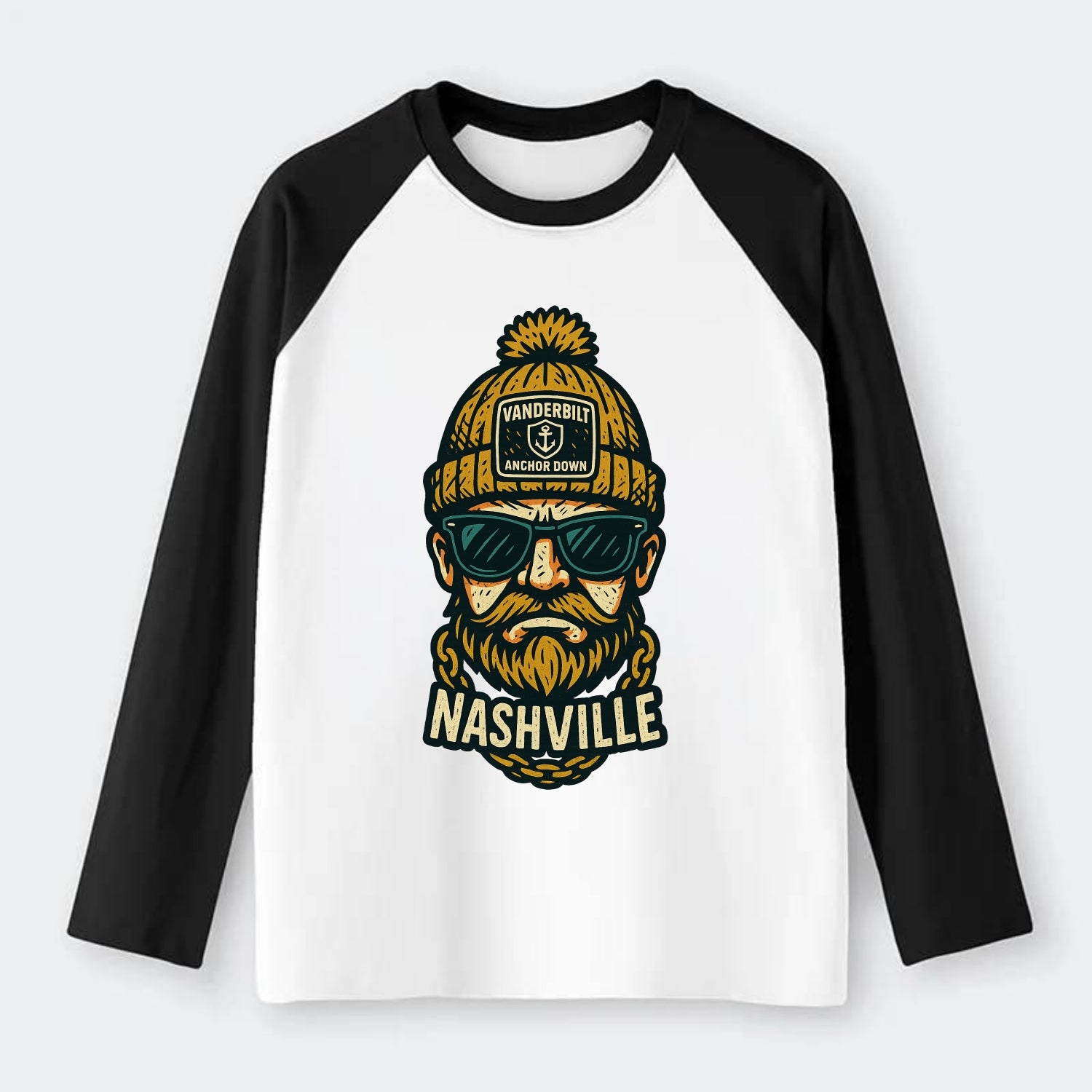 Nashville Commodore wearing Vanderbilt beanie with anchor patch - Raglan Long Sleeve T-Shirt - Black
