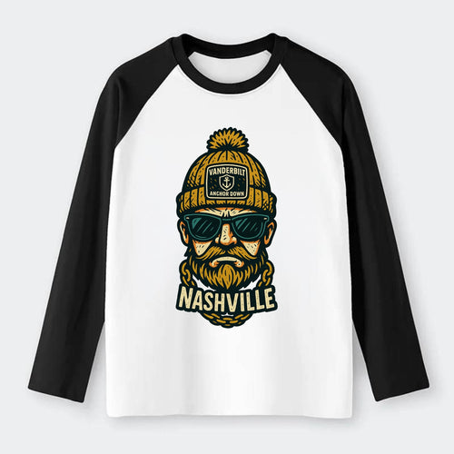 Nashville Commodore wearing Vanderbilt beanie with anchor patch - Raglan Long Sleeve T-Shirt
