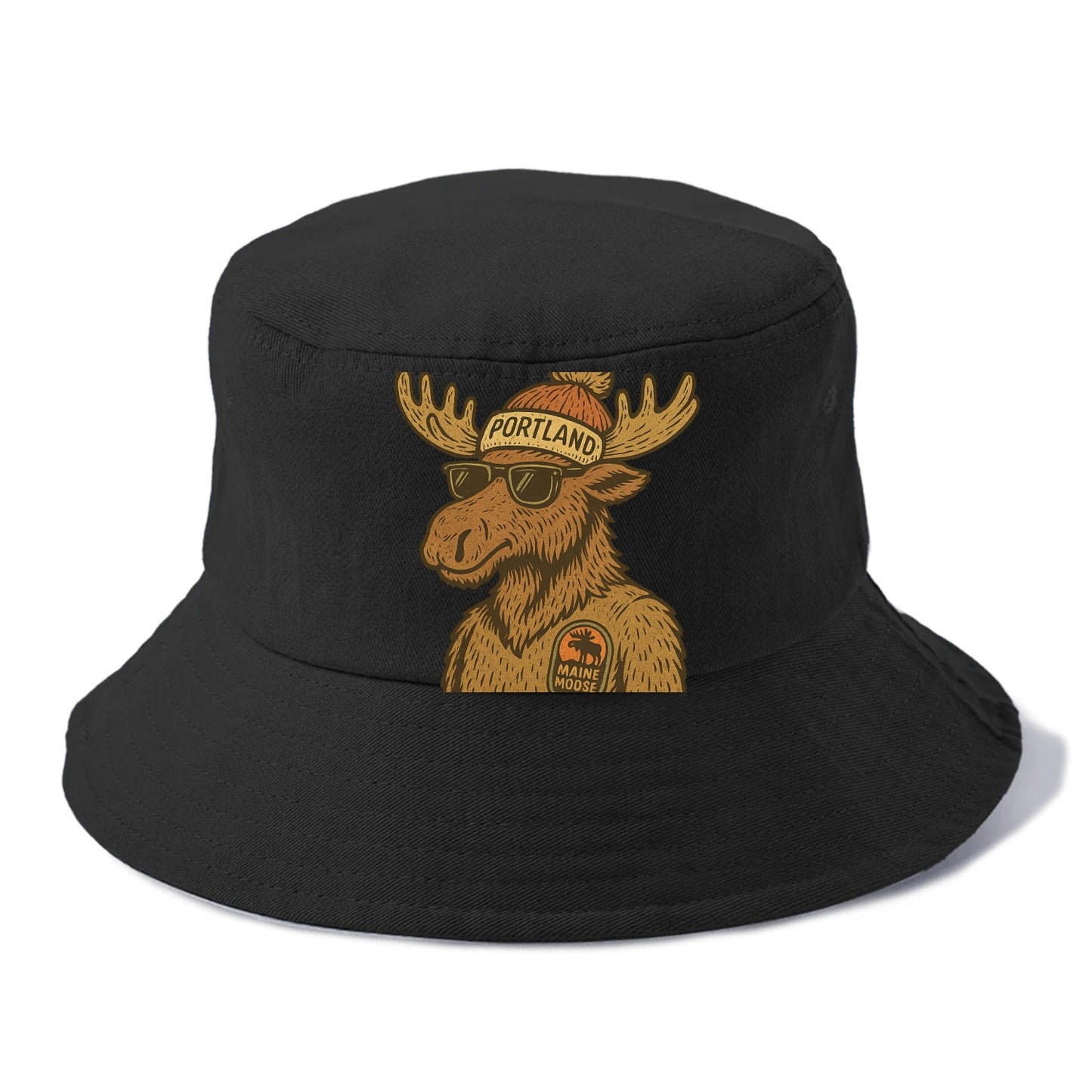 Maine Moose wearing Portland beanie with pom pom and wayfarer sunglasses - Bucket Hat - Black