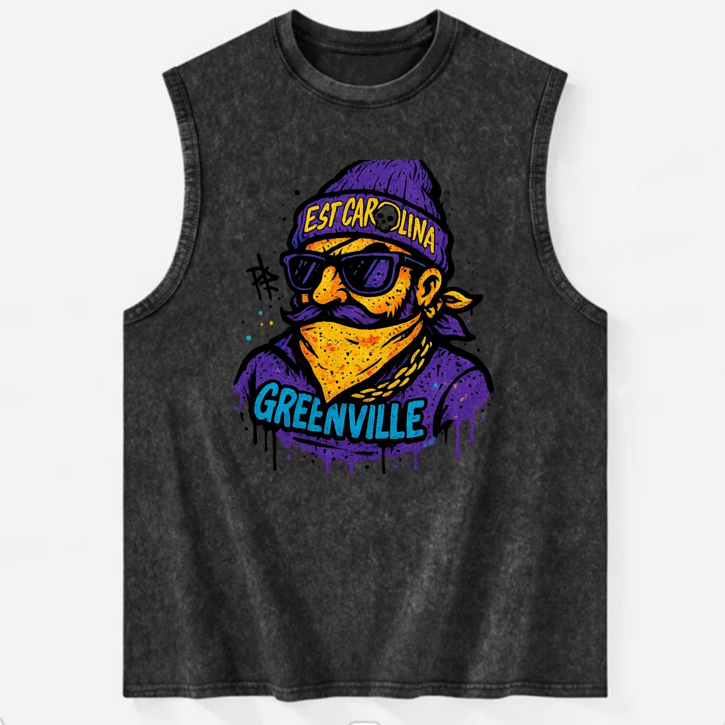 Greenville Pirate wearing East Carolina beanie with skull patch - Vintage Washed Tank - Black