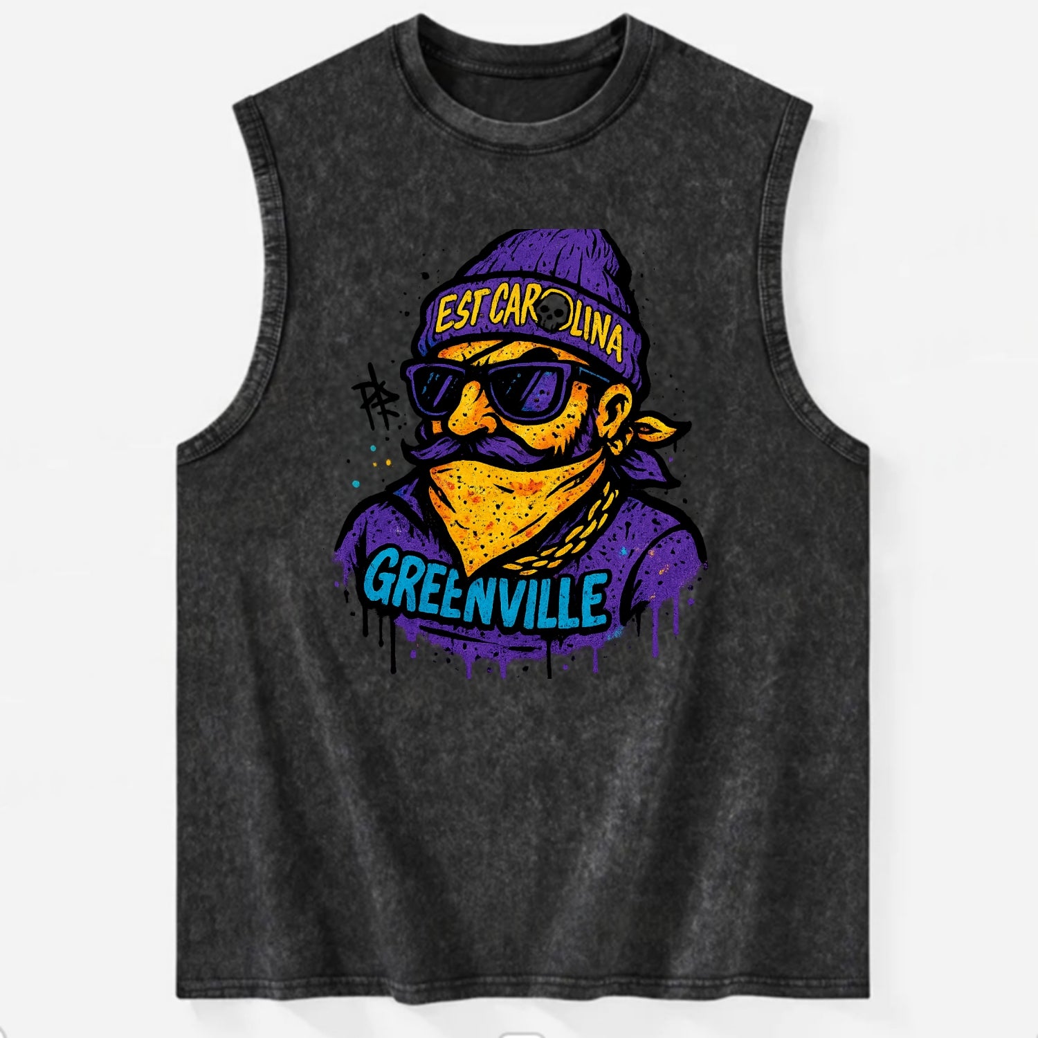 Greenville Pirate wearing East Carolina beanie with skull patch - Vintage Washed Tank - Black