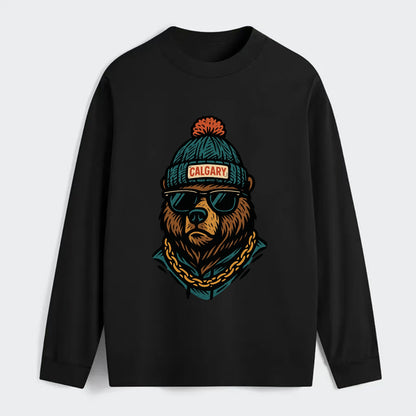 Calgary Grizzly Bear wearing Calgary beanie with pom pom and wayfarer - Classic Long Sleeve Shirt - Black