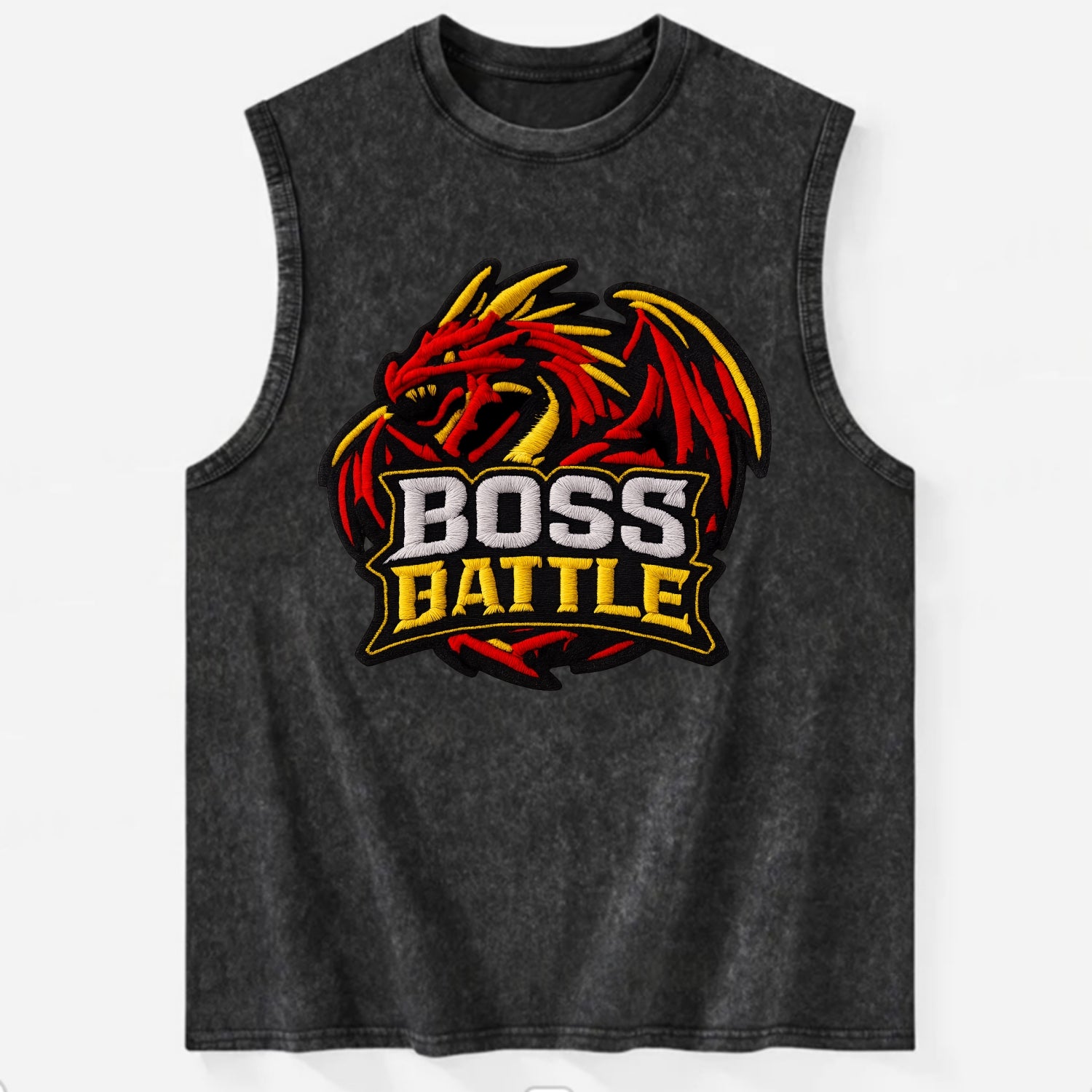 BOSS BATTLE - dragon silhouette in red and gold , raid - Vintage Washed Tank - Black