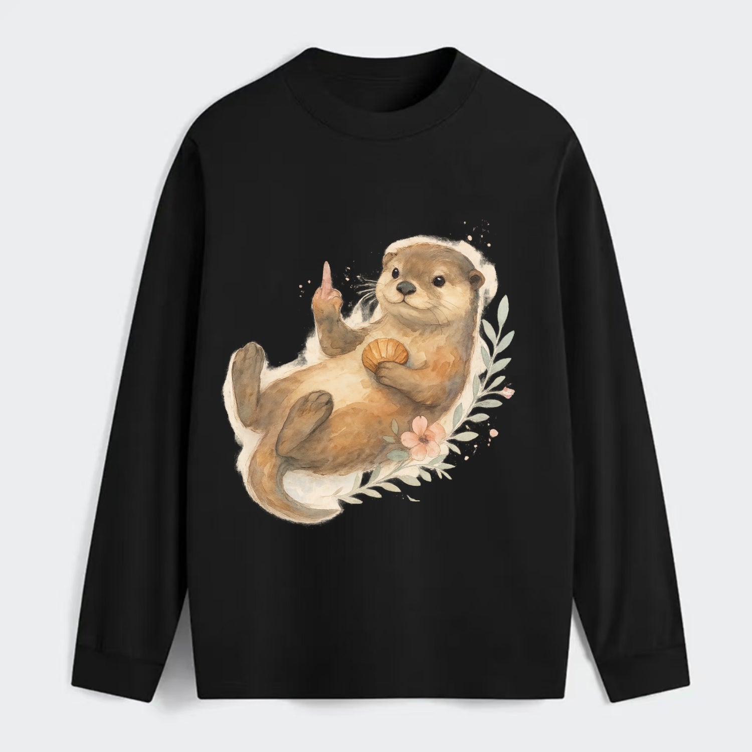 adorable otter floating on back, middle finger up while holding a - Classic Long Sleeve Shirt - Black