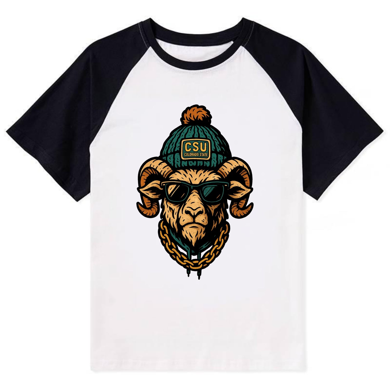Fort Collins Ram wearing Colorado State beanie with CSU patch - Contrast Raglan T-shirt - Black