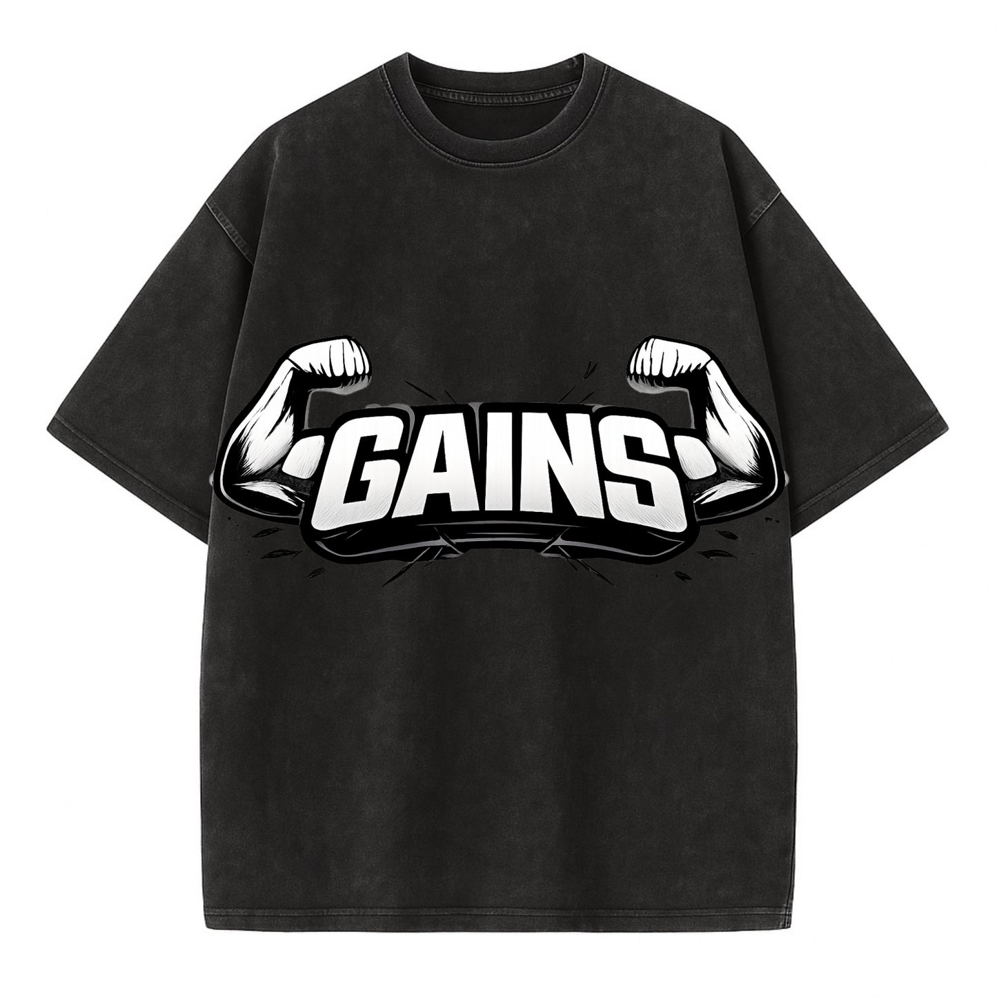Bold typography design - "GAINS" - muscle growth, progress visible - Vintage T-shirt - Black