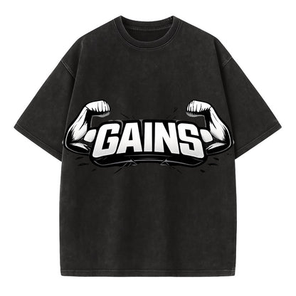 Bold typography design - "GAINS" - muscle growth, progress visible - Vintage T-shirt - Black