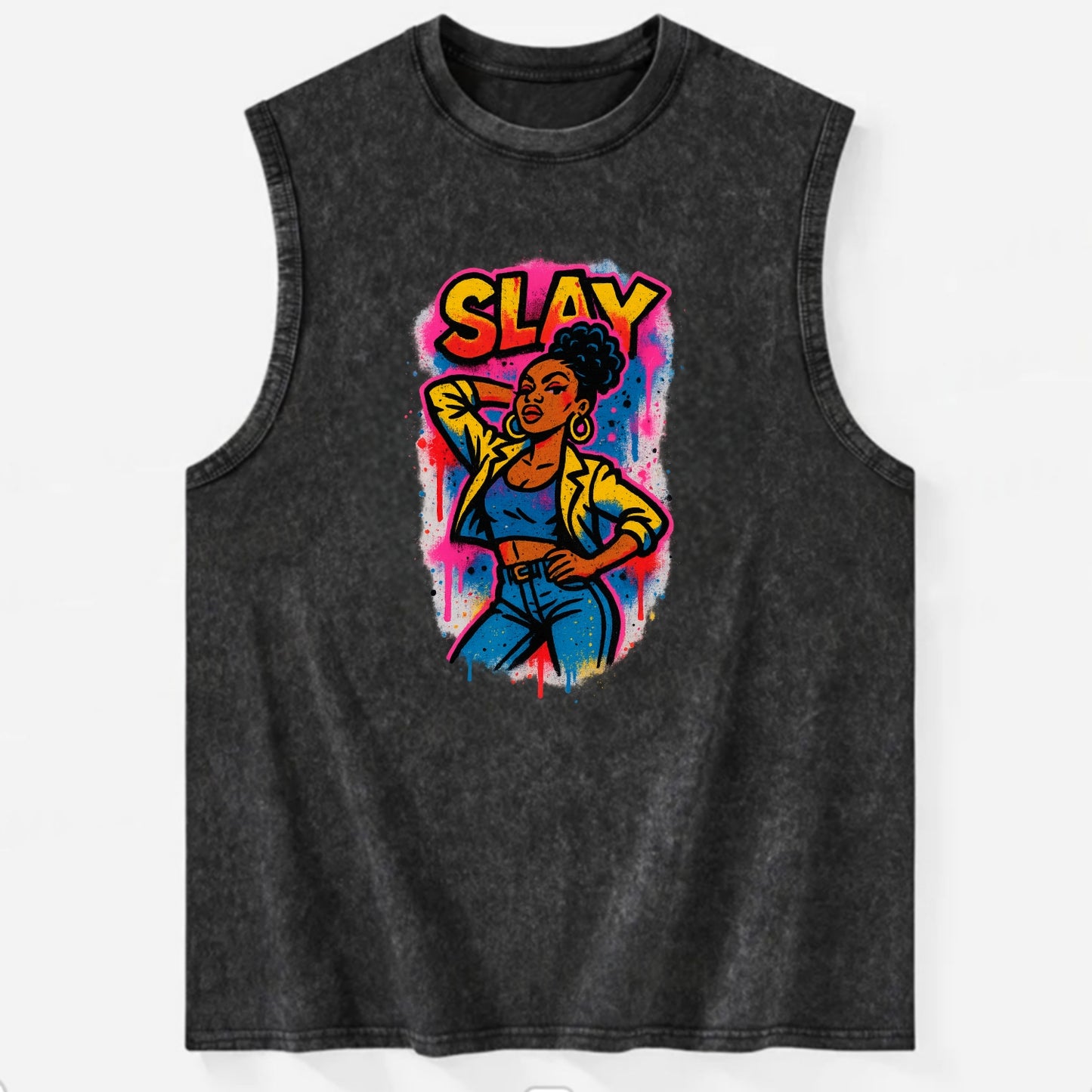 Empowered figure striking confident pose - "slay" culture, fierce and - Vintage Washed Tank - Black
