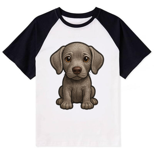 Baby Weimaraner Puppy - silver-gray coat, amber eyes, sleek body, - Contrast Raglan T-shirt - Black