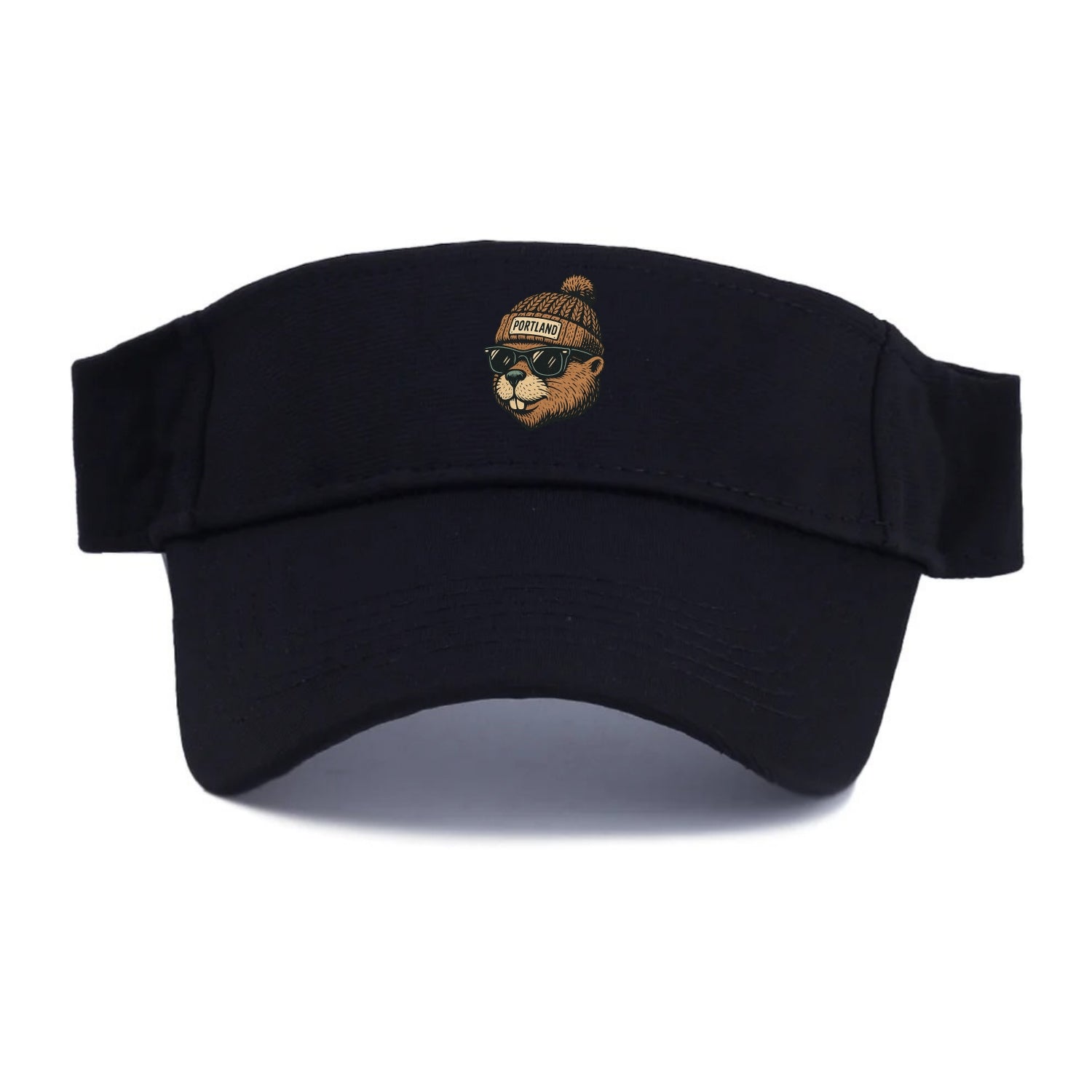 Portland Beaver wearing Portland beanie with pom pom and wayfarer sunglasses - Visor - Black