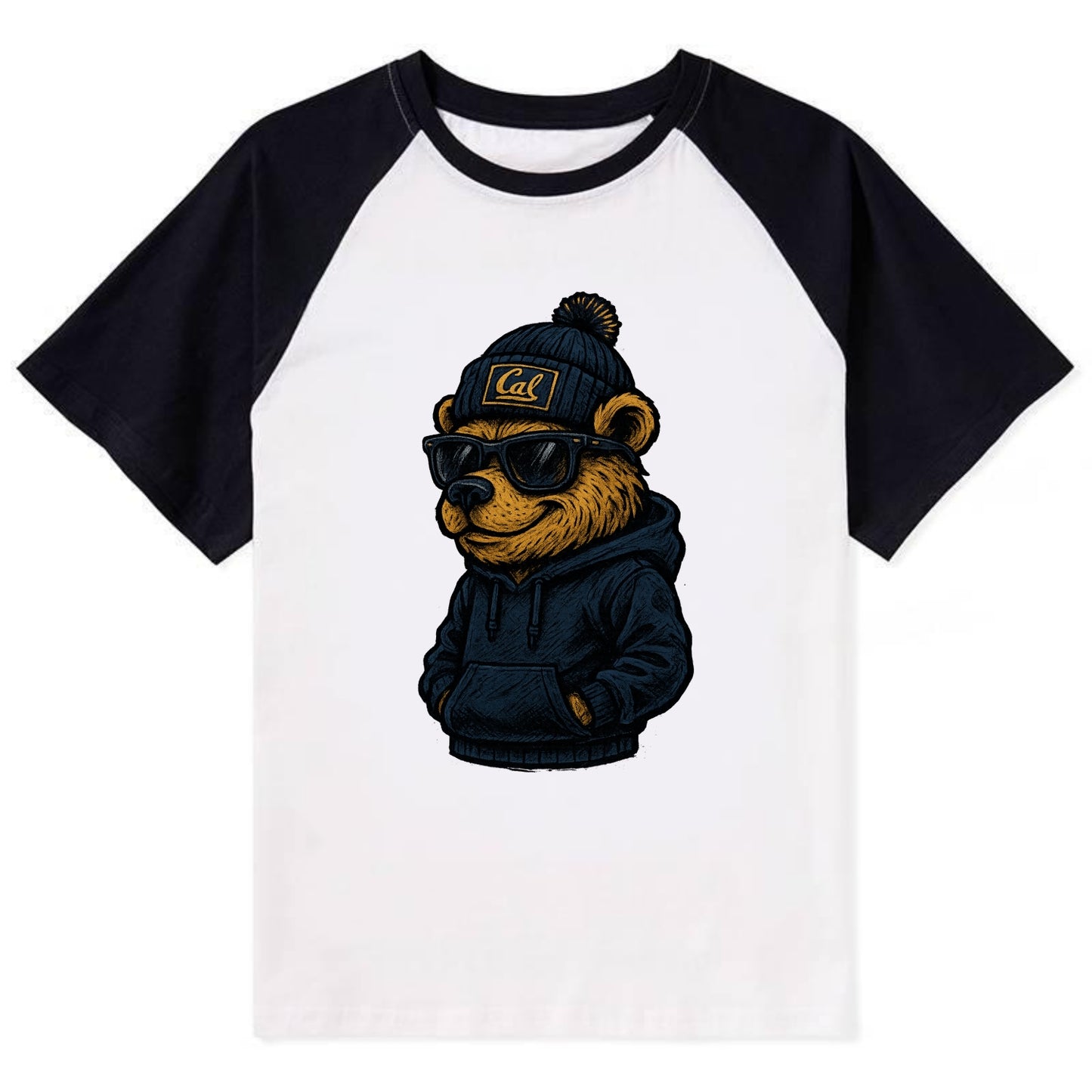 Berkeley Bear wearing Cal beanie with script patch - Contrast Raglan T-shirt - Black