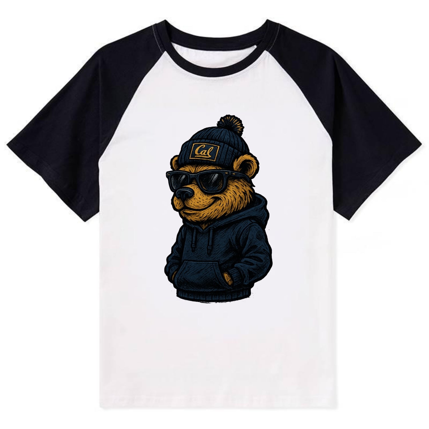 Berkeley Bear wearing Cal beanie with script patch - Contrast Raglan T-shirt - Black
