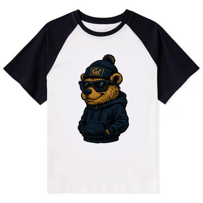 Berkeley Bear wearing Cal beanie with script patch - Contrast Raglan T-shirt - Black