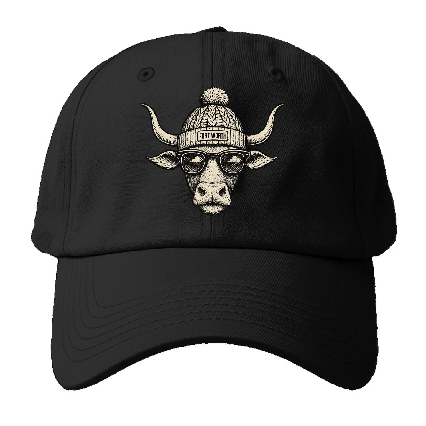 Fort Worth Longhorn wearing Fort Worth beanie with pom pom and wayfarer sunglasses - Baseball Cap - Black