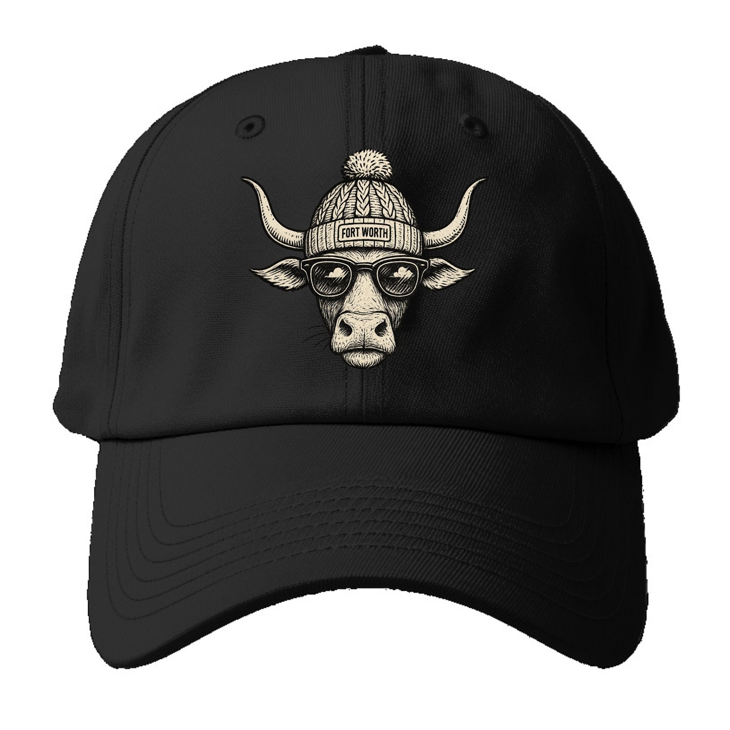 Fort Worth Longhorn wearing Fort Worth beanie with pom pom and wayfarer sunglasses - Baseball Cap - Black