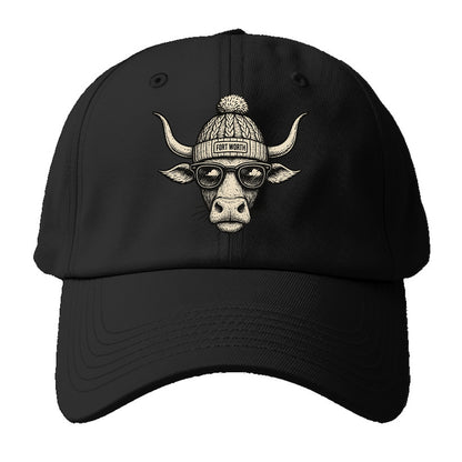 Fort Worth Longhorn wearing Fort Worth beanie with pom pom and wayfarer sunglasses - Baseball Cap - Black
