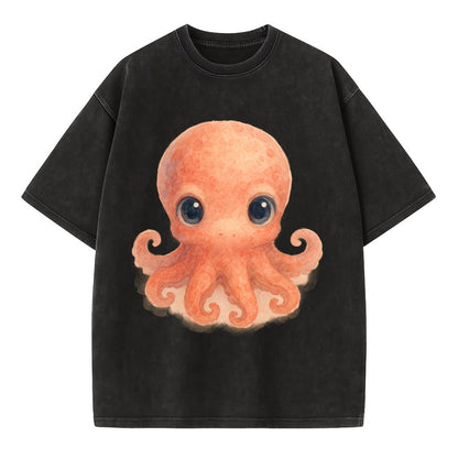 Baby Octopus - red-orange, eight tiny tentacles curled, large intelligent eyes, - Vintage T-shirt - Black
