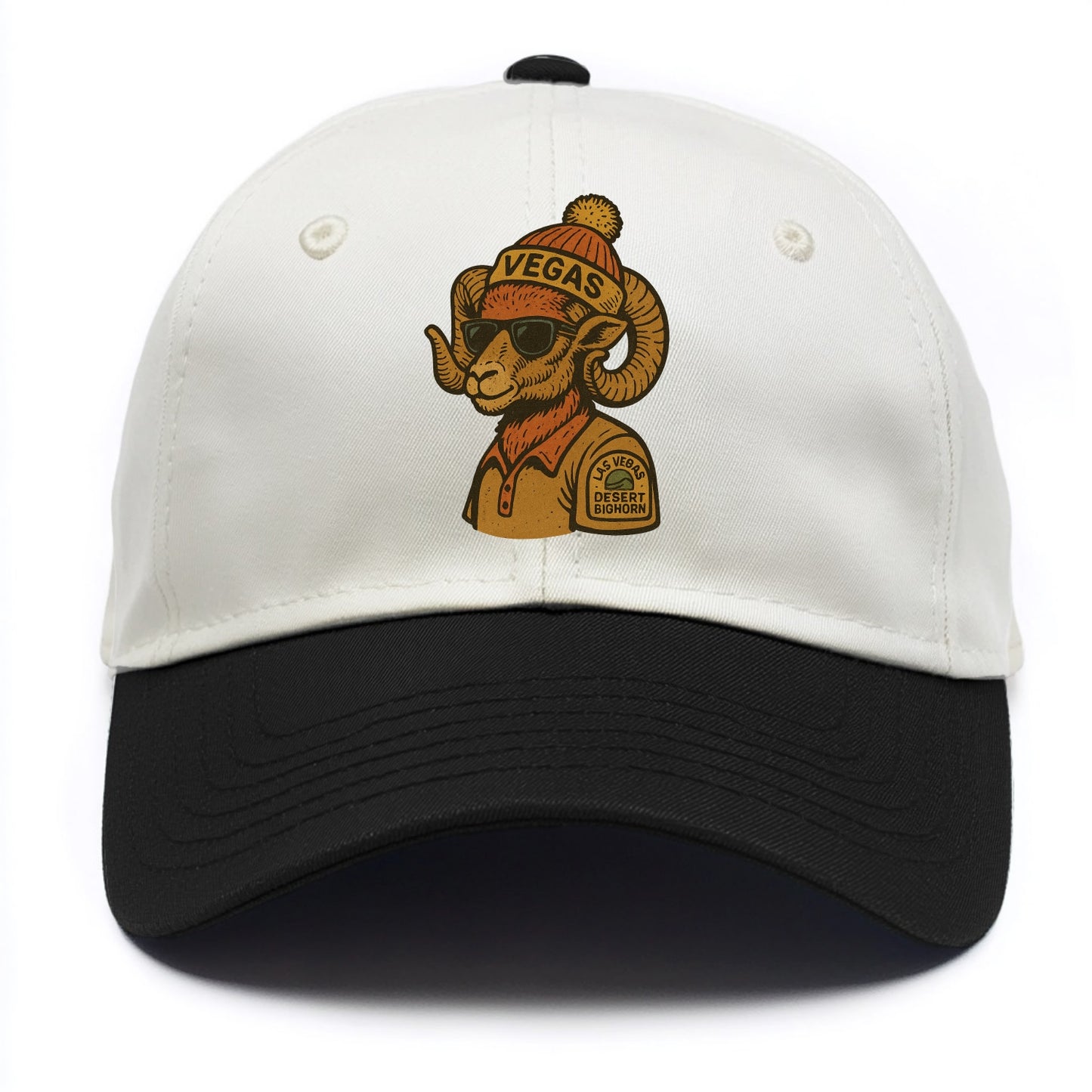 Las Vegas Desert Bighorn wearing Vegas beanie with pom pom and wayfarer sunglasses - Two Tone Cap - Black