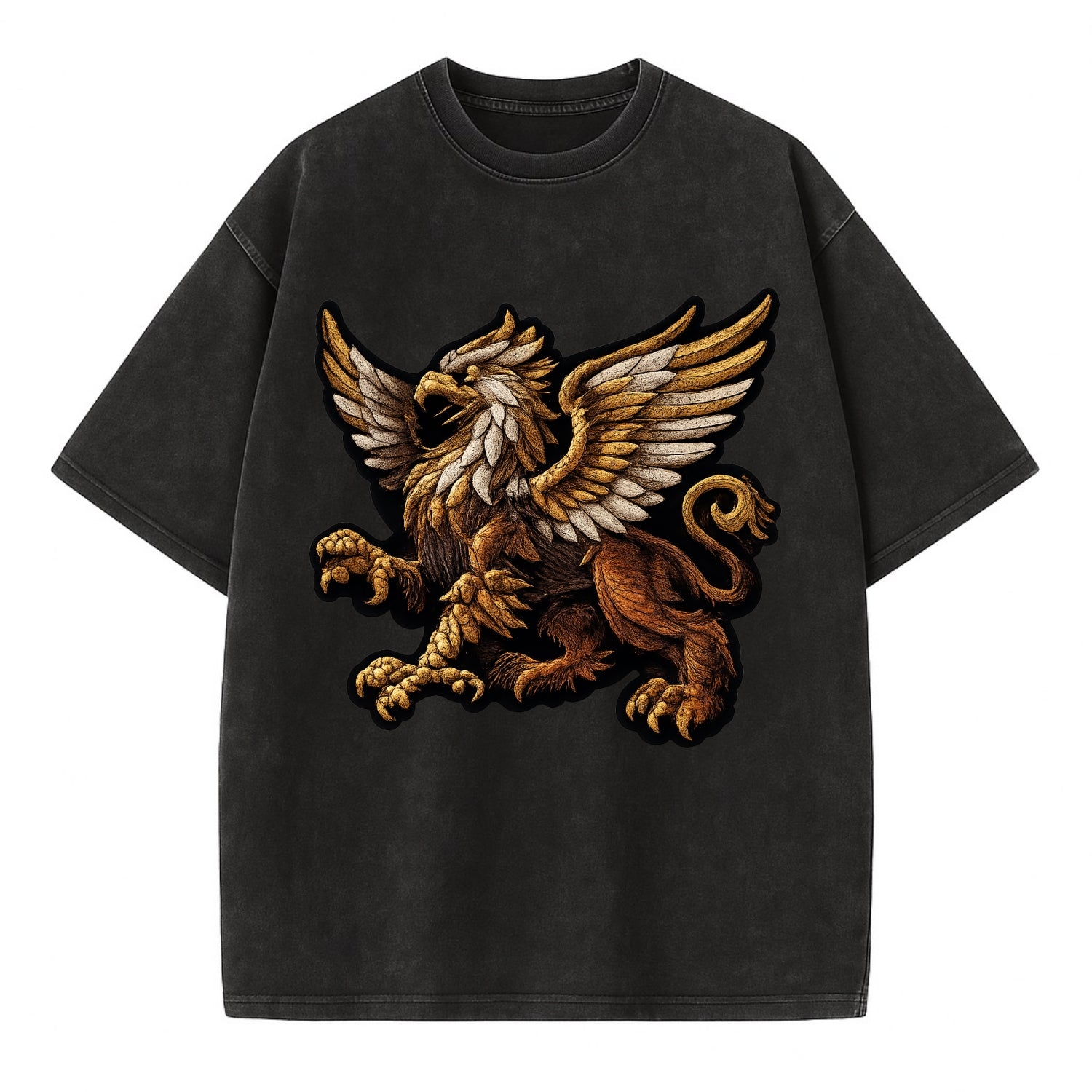 GRIFFIN BEAST - lion eagle hybrid in gold and brown , heraldic - Vintage T-shirt - Black