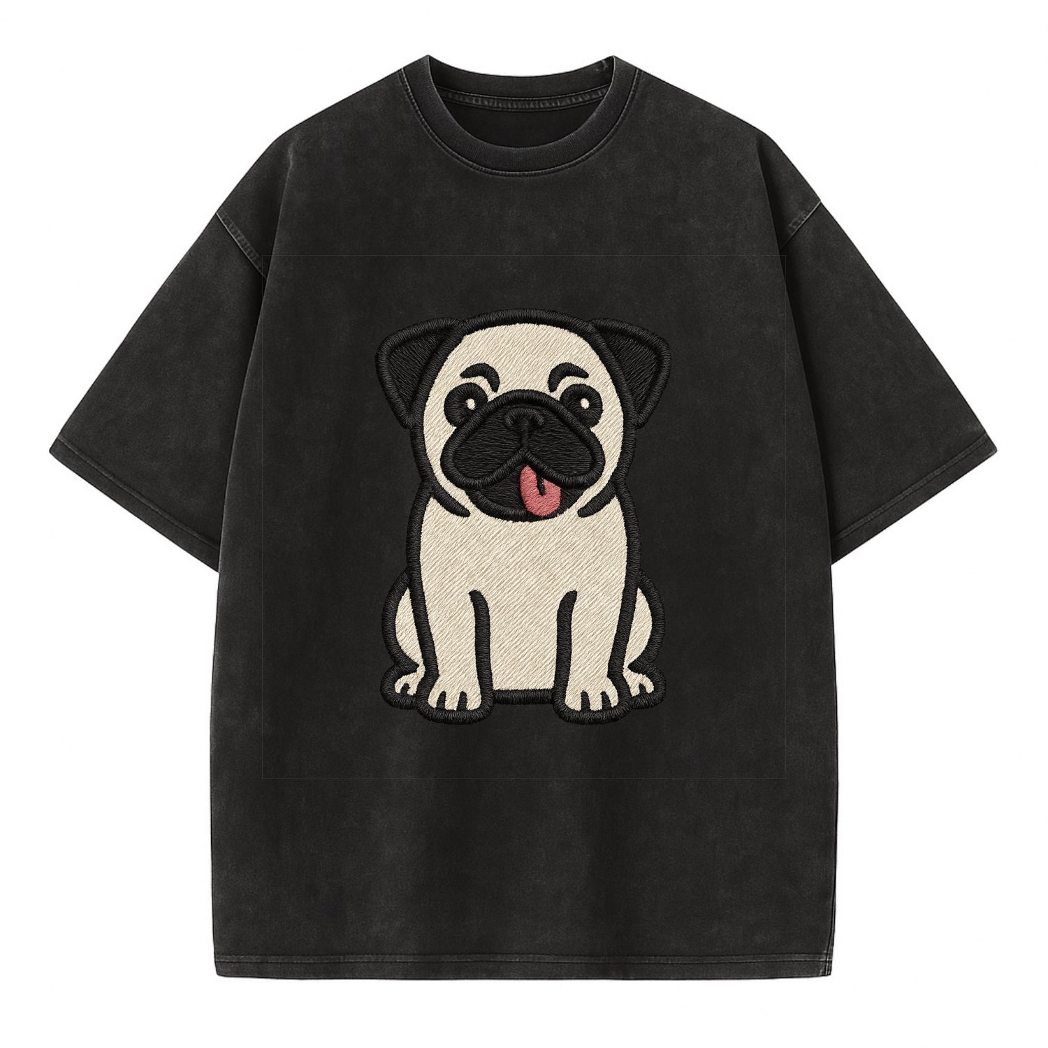 Pug - Tilted head with tongue out - Vint Vintage T-shirt - Black