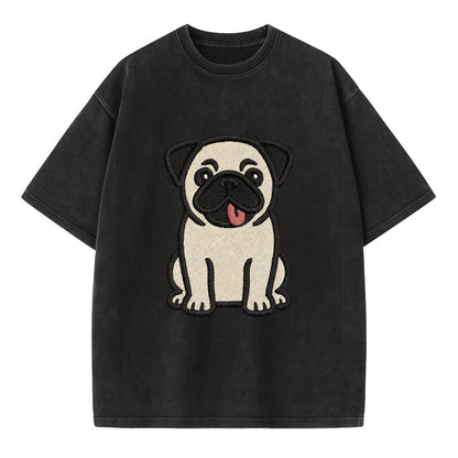 Pug - Tilted head with tongue out - Vint Vintage T-shirt - Black