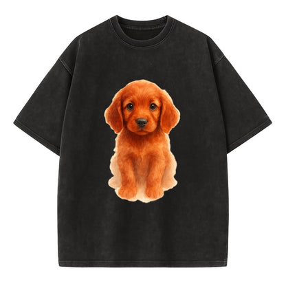 Baby Irish Setter Puppy - mahogany red coat, feathered ears, friendly eyes, - Vintage T-shirt - Black