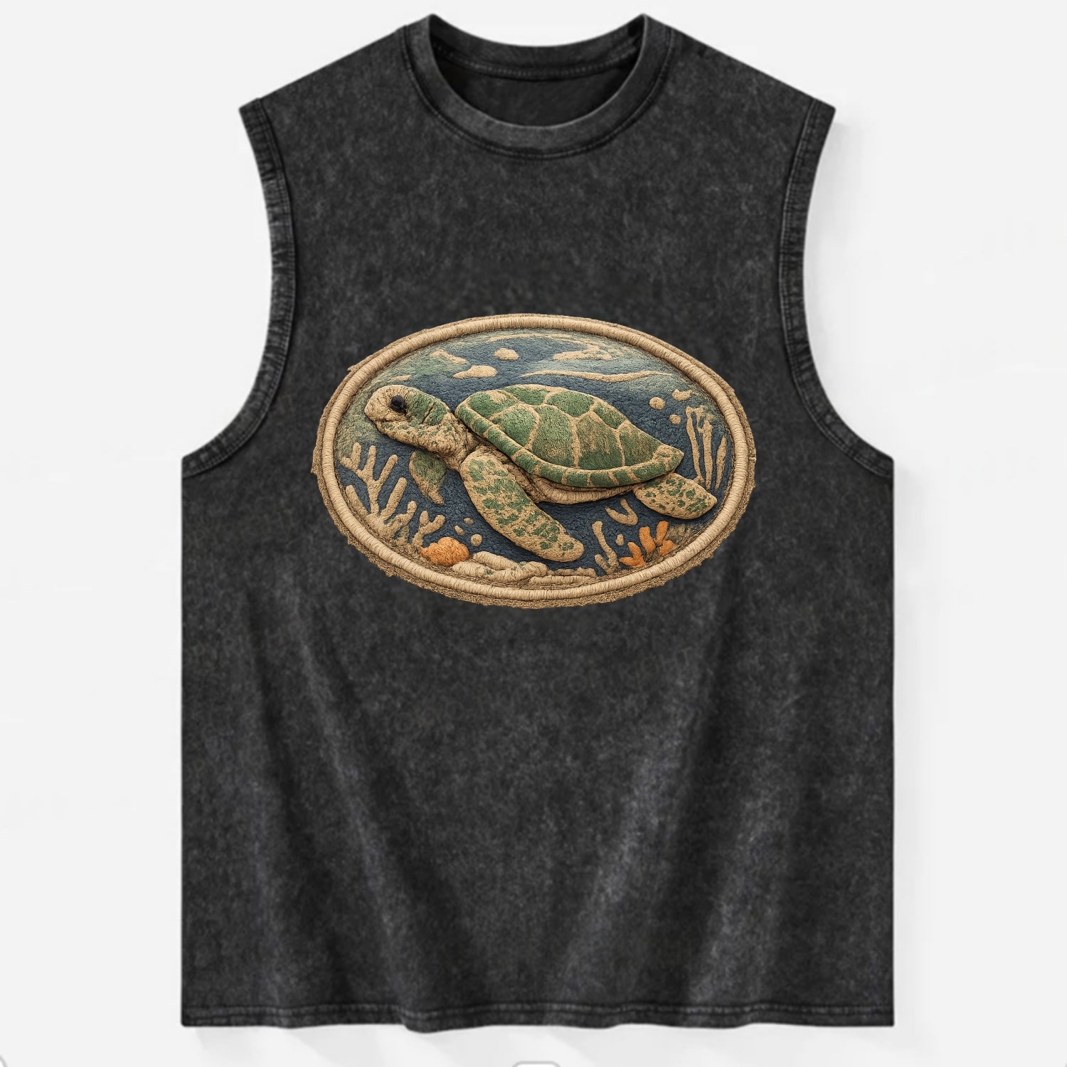 SEA TURTLE - swimming turtle in green and blue , ocean life - Vintage Washed Tank - Black