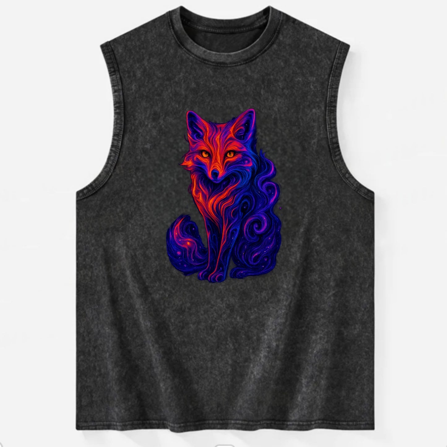 Clever fox with tail dissolving into cosmic nebula swirls, orange to purple - Vintage Washed Tank - Black