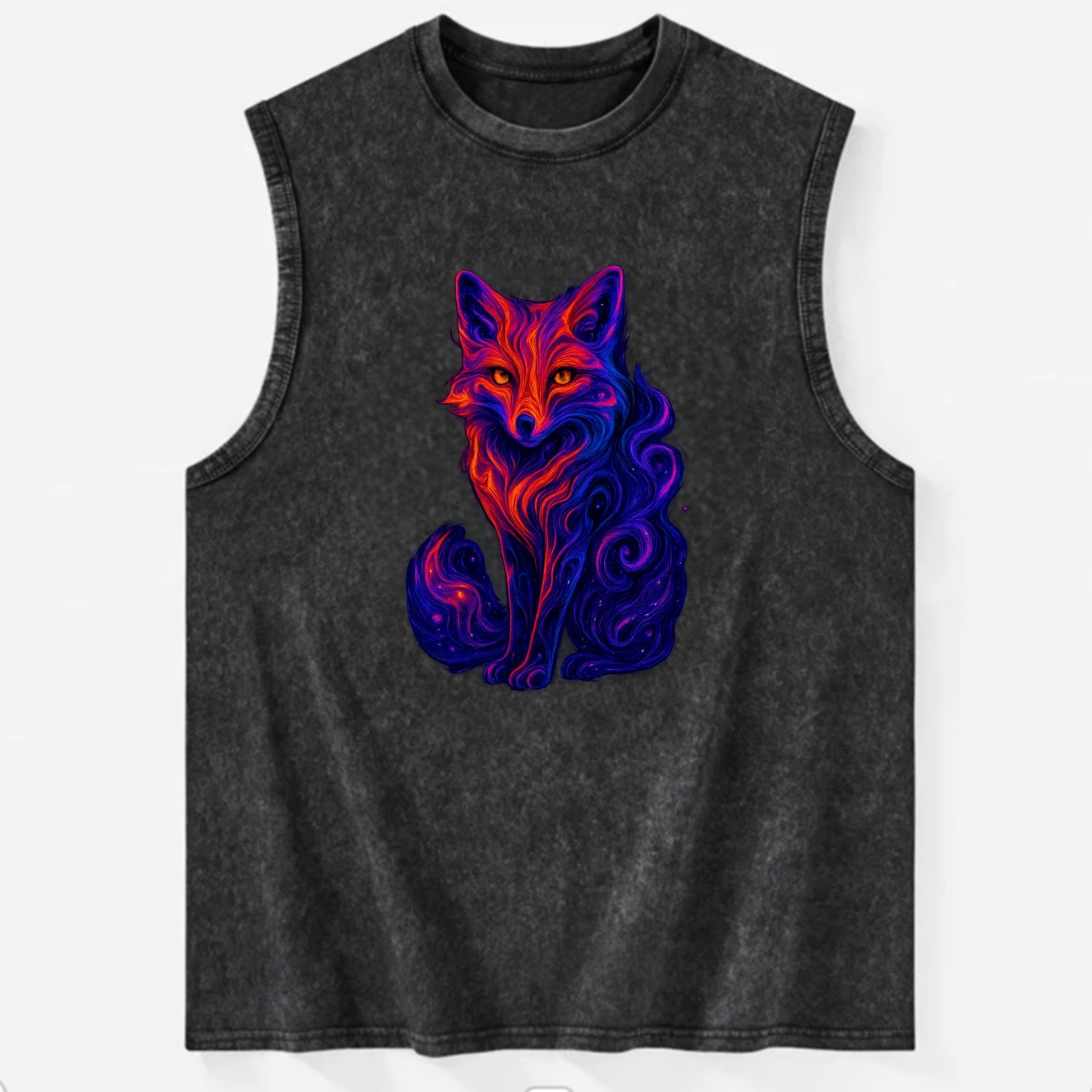 Clever fox with tail dissolving into cosmic nebula swirls, orange to purple - Vintage Washed Tank - Black