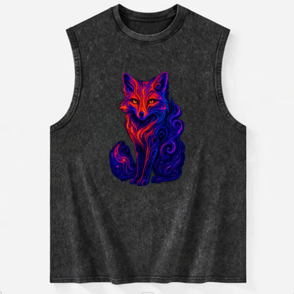 Clever fox with tail dissolving into cosmic nebula swirls, orange to purple - Vintage Washed Tank - Black