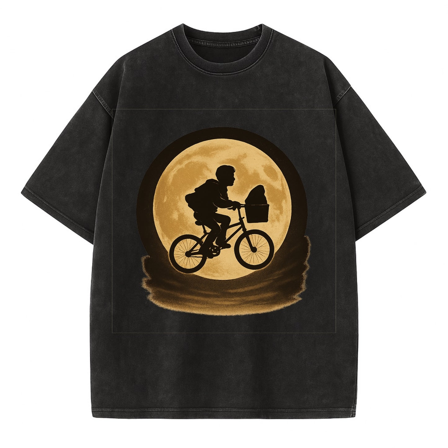 boy with bicycle flying across full moon with silhouette - Vintage T-shirt - Black