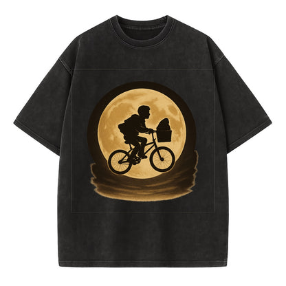boy with bicycle flying across full moon with silhouette - Vintage T-shirt - Black