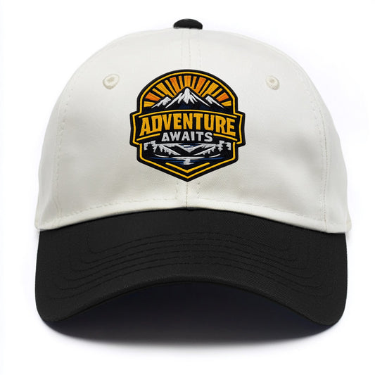 ADVENTURE AWAITS - mountain sunrise with text in gold and blue , wanderlust - Two Tone Cap - Black