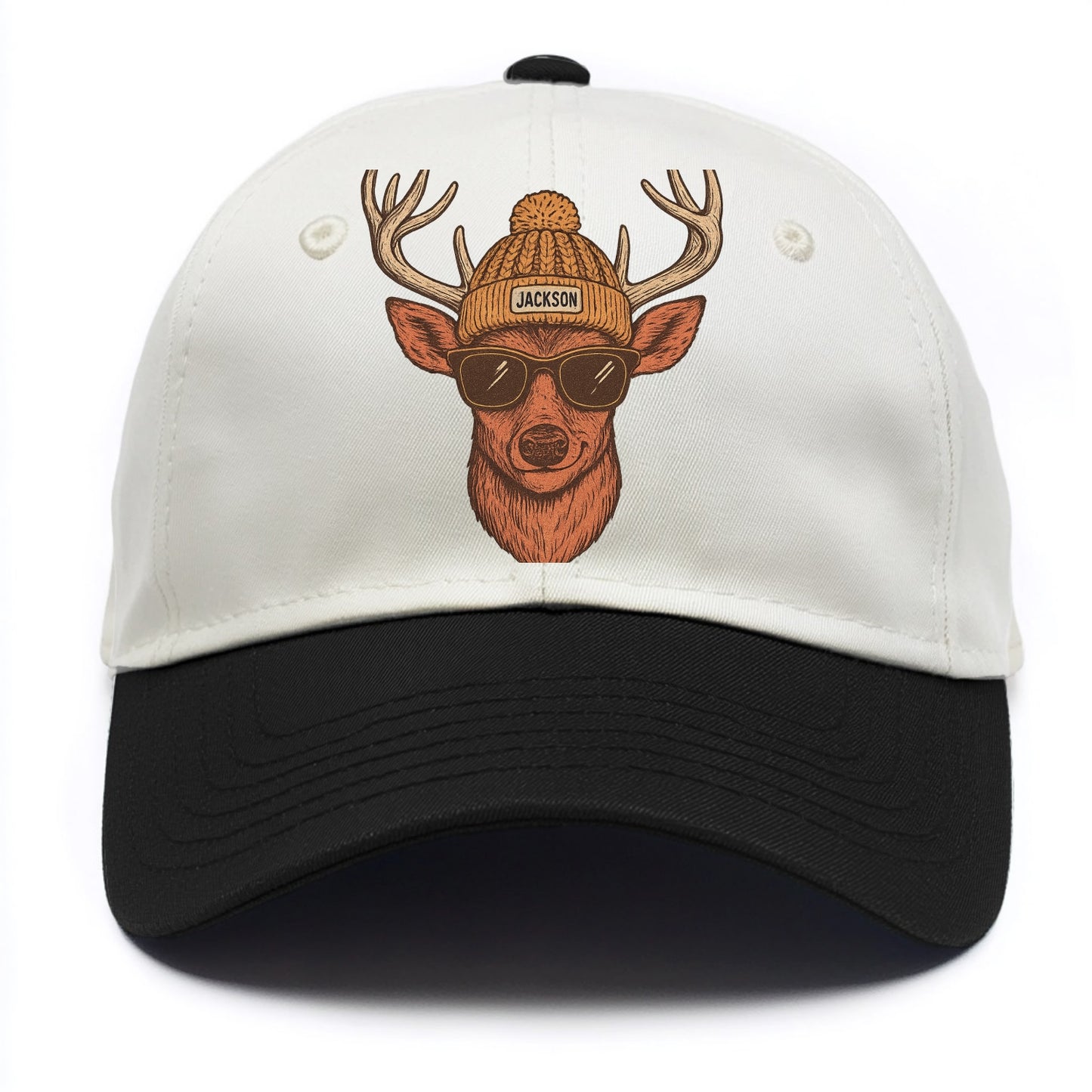 Mississippi White-tailed Deer wearing Jackson beanie with pom pom and wayfarer - Two Tone Cap - Black