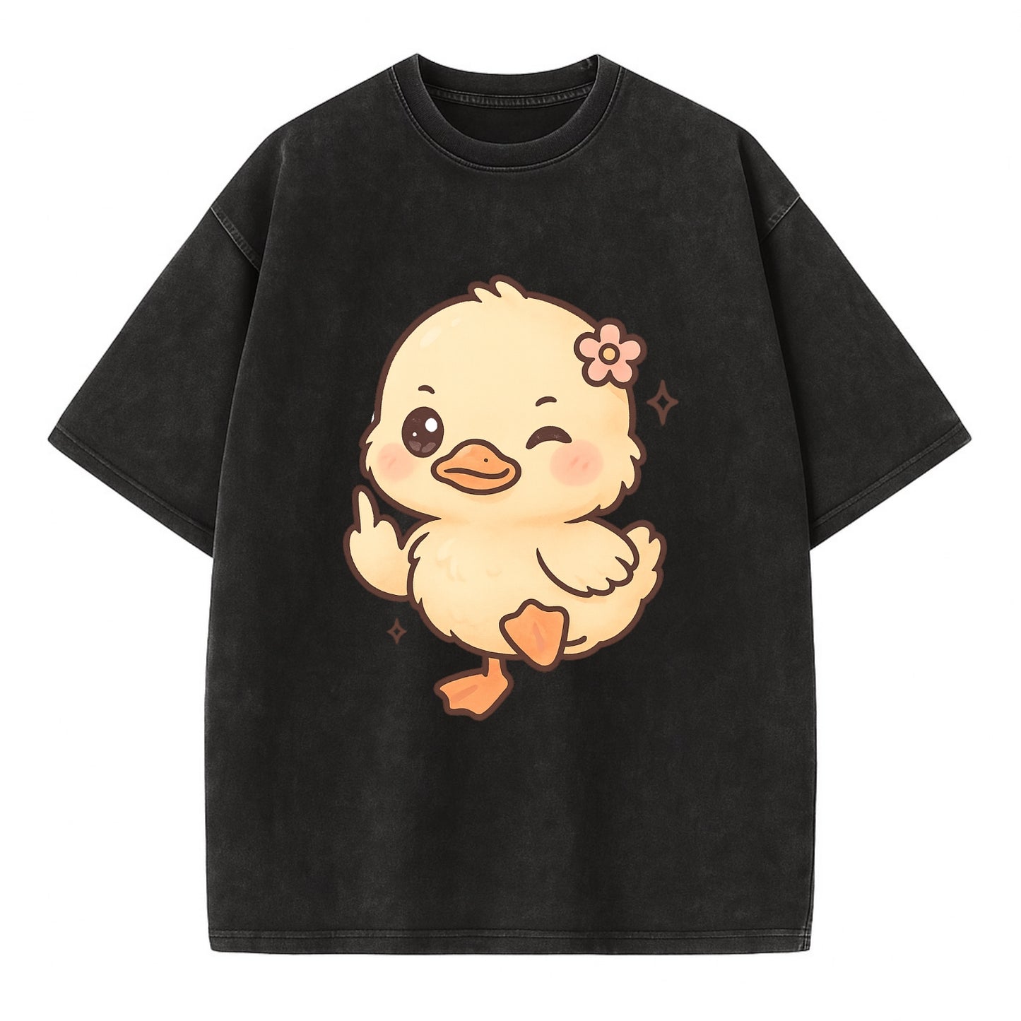 fluffy baby duck with small flower, one webbed foot raised sassily - Vintage T-shirt - Black