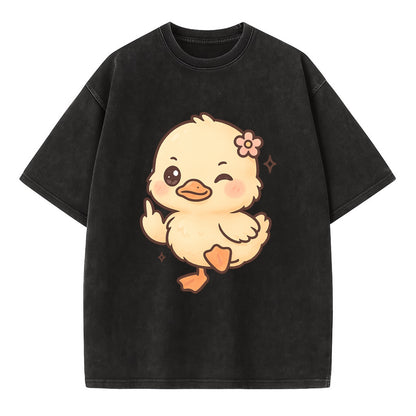 fluffy baby duck with small flower, one webbed foot raised sassily - Vintage T-shirt - Black