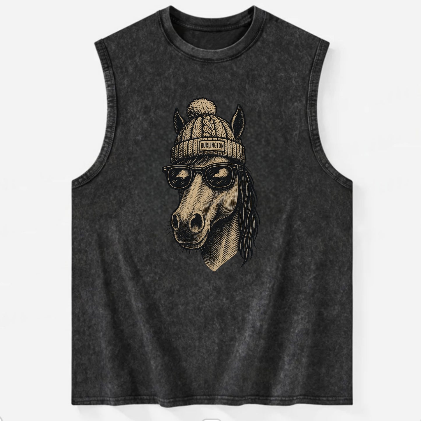 Vermont Morgan Horse wearing Burlington beanie with pom pom and wayfarer - Vintage Washed Tank - Black