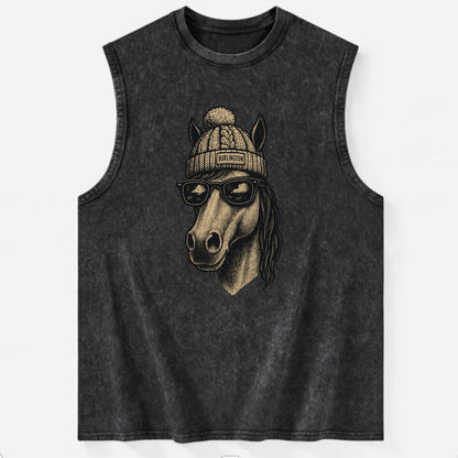 Vermont Morgan Horse wearing Burlington beanie with pom pom and wayfarer - Vintage Washed Tank - Black