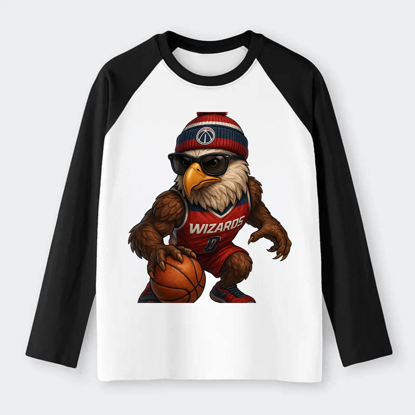 DC Eagle wearing Wizards red white and blue beanie with monument patch - Raglan Long Sleeve T-Shirt - Black