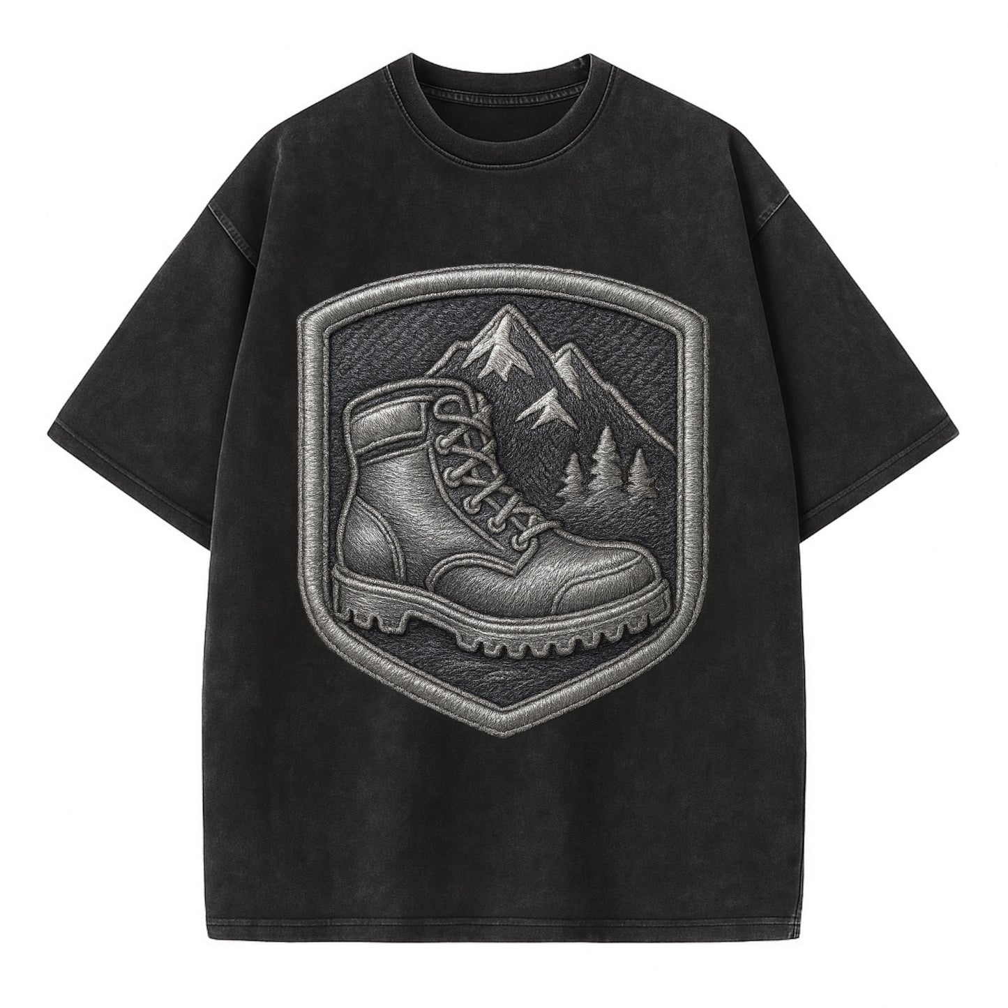 Hiking boots with mountain peak - hiker pride - Vintage T-shirt - Black