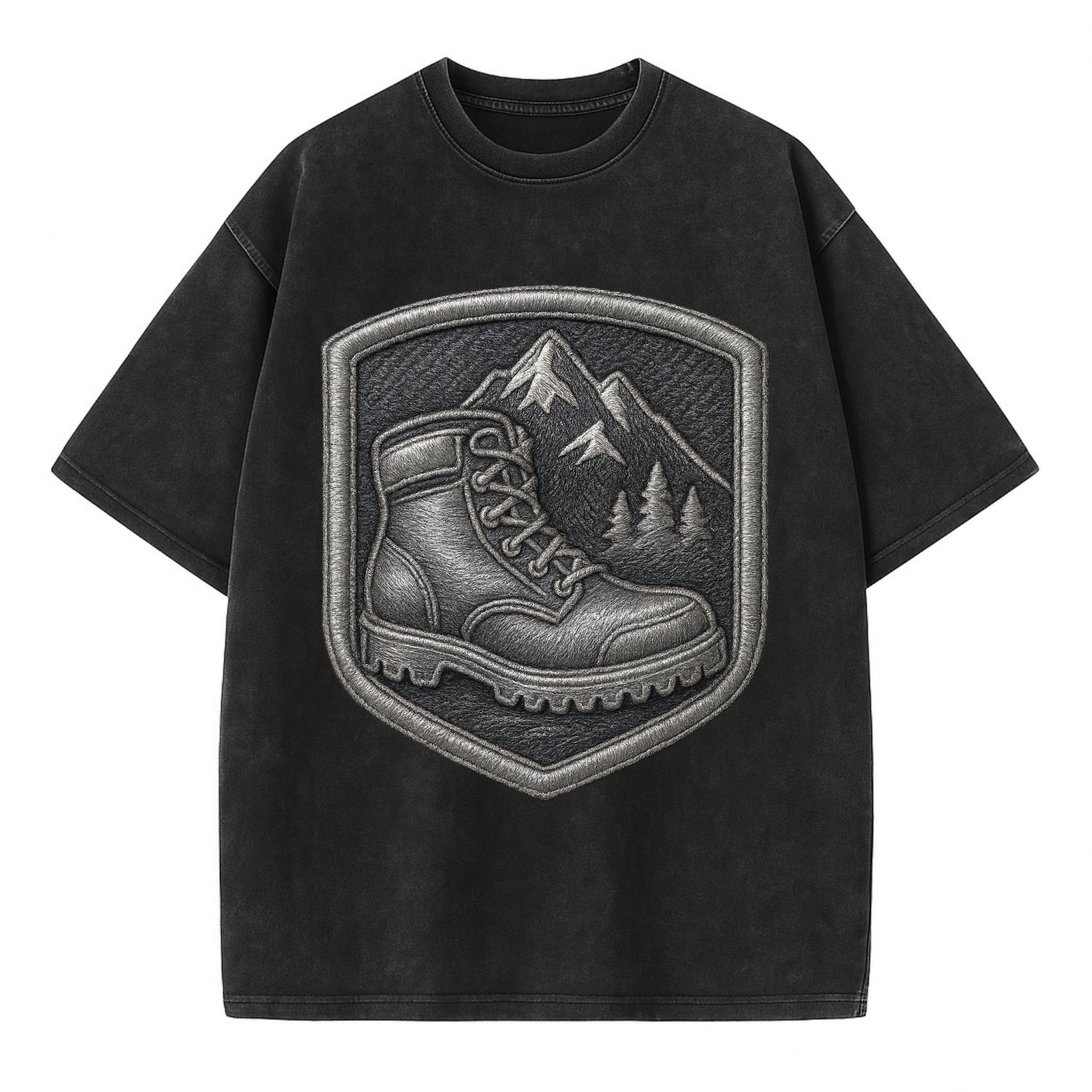Hiking boots with mountain peak - hiker pride - Vintage T-shirt - Black