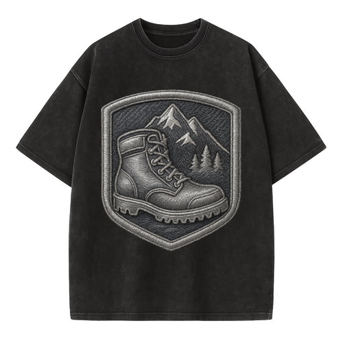 Hiking boots with mountain peak - hiker pride - Vintage T-shirt
