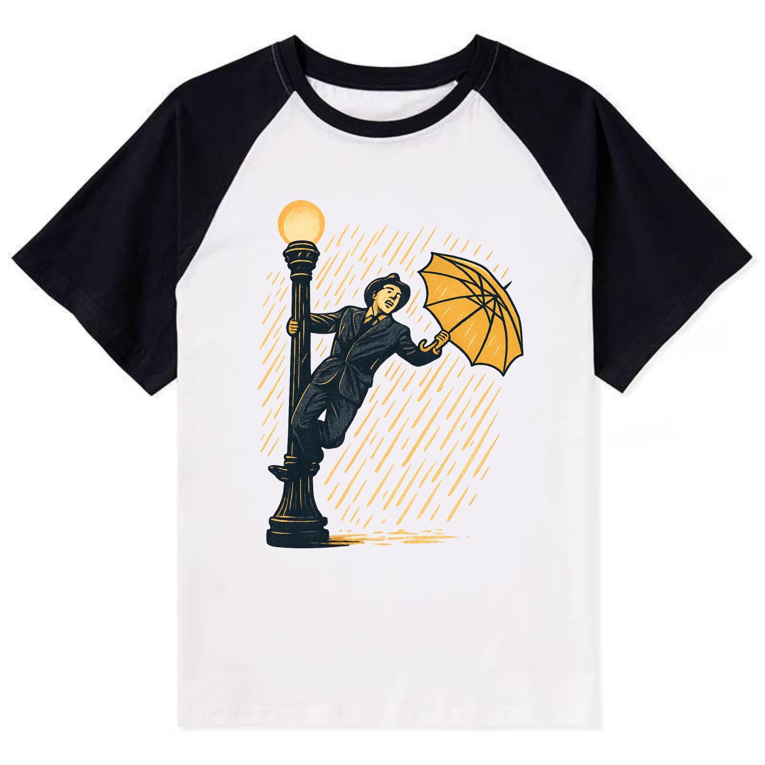 joyful dancing on lamppost in heavy rain with big smile - Contrast Raglan T-shirt - Black